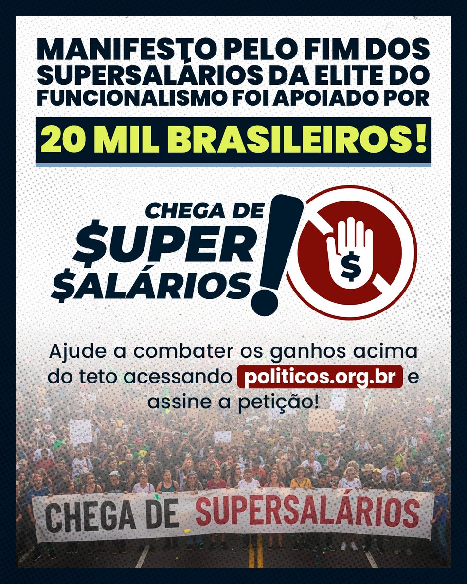 ⚠️ A hora de agir é agora! Já passamos dos 20 mil e a pressão só vai aumentar.

O Brasil não aguenta mais sustentar os donos do poder! 💸🇧🇷

É inadmissível: enquanto o brasileiro aperta o cinto para fechar o mês, o setor público gasta R$ 20 bilhões furando o teto salarial com