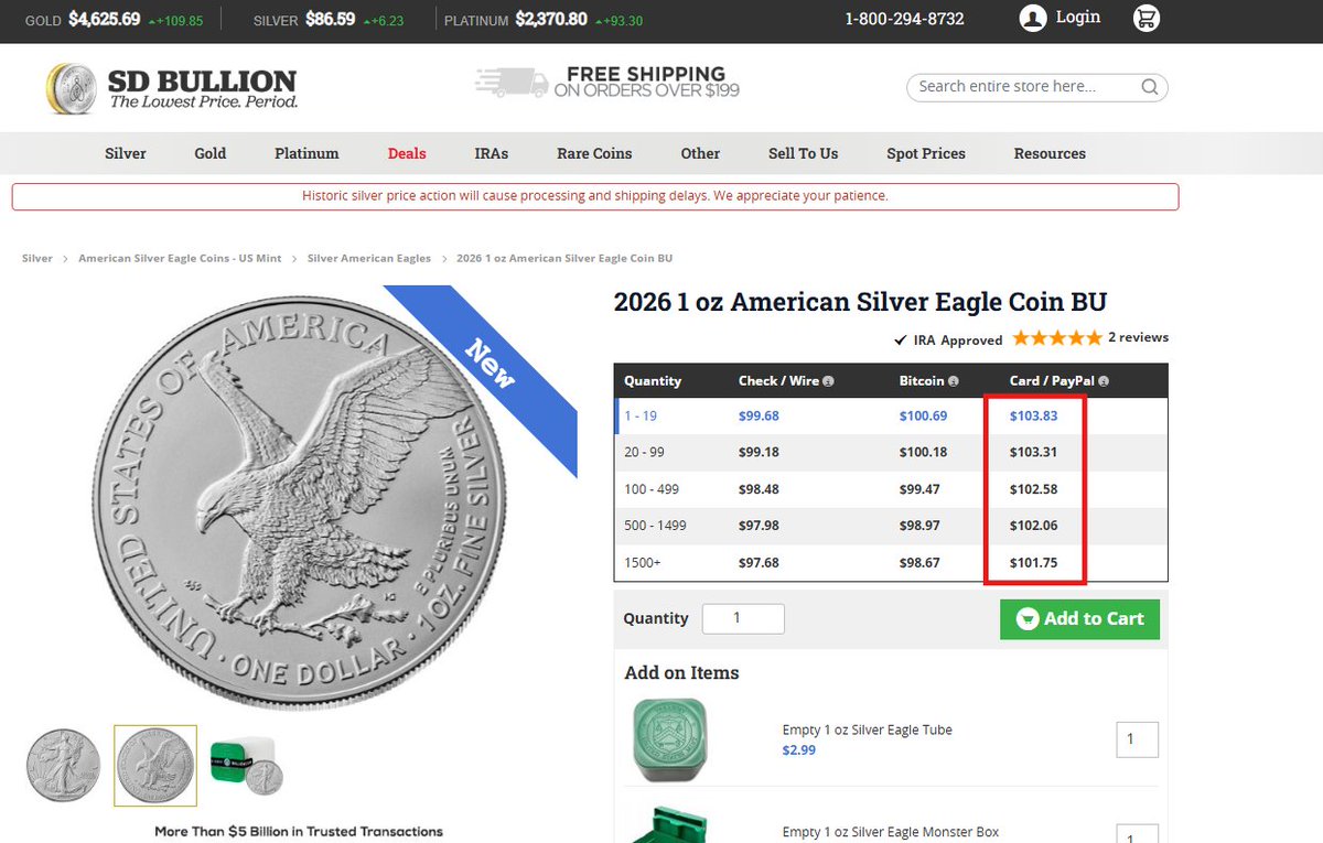 silvertrade's tweet image. 🚨SILVER EAGLE COINS PASS $100 AT BIG 3 US BULLION DEALERS 🚨

🔥APMEX Selling Nearly All 2026 ASE Tiers OVER $100/oz
🔥JMB &amp;amp; SD Bullion Pricing All Credit Card Tiers Over $100