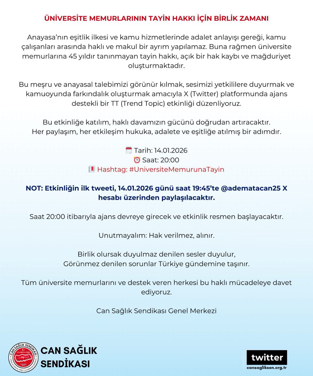 Üniversite Memurlarının Tayin Hakkı İçin Birlik Zamanı!

Anayasa’nın eşitlik ilkesi ve kamu hizmetlerinde adalet anlayışı gereği, kamu çalışanları arasında ayrım yapılamaz.
Buna rağmen üniversite memurlarına 45 yıldır tanınmayan tayin hakkı, ciddi bir hak kaybı ve mağduriyet