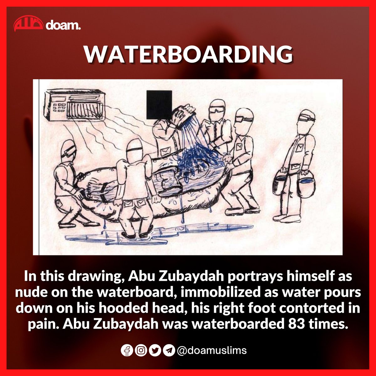 Waterboarding

In this drawing, Abu Zubaydah portrays himself as nude on the waterboard, immobilised as water pours down on his hooded head, his right foot contorted in pain. Abu Zubaydah was waterboarded 83 times.