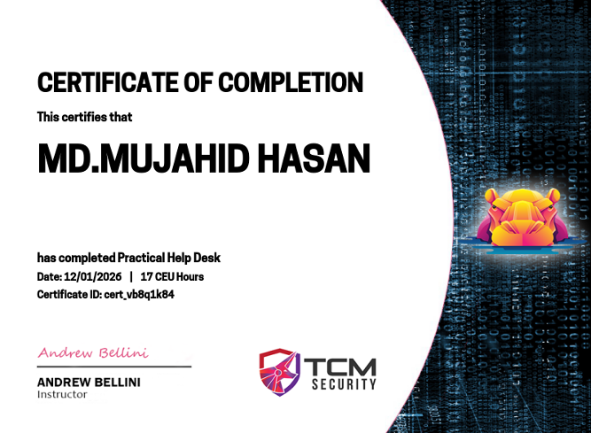 mmhcyse's tweet photo. Excited to share that Iโve completed Practical Help Desk training and earned my certificate from @TCMSecurity !
Hands-on learning focused on real-world IT support and help desk operations.
#TCMSecurity #PracticalHelpDesk #ITSupport #HelpDesk #Cybersecurity #EthicalHacking https://t.co/UfGc652G6R