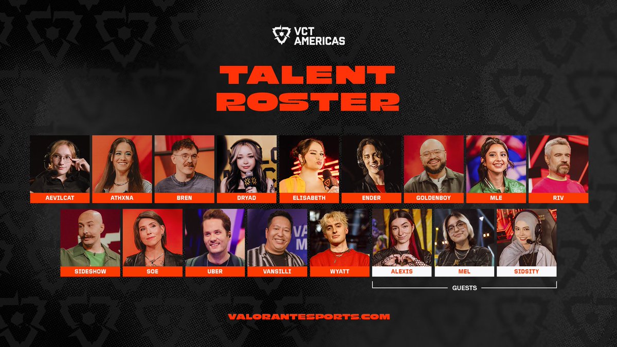 valesportsna's tweet image. Say hello to the voices of #VCTAmericas for 2026! 🤩

@aEvilcat 
@athxna
@BrenCasts 
@DanDryad 
@ejmarchini 
@endercasts 
@GoldenboyFTW 
@mleQT_
@RivingtonThe3rd 
@SideshowGaming 
@Soembie 
@ubershouts 
@Vansilli 
@wyattriver_ 
@alexisfps 
@melanji 
@sidsity