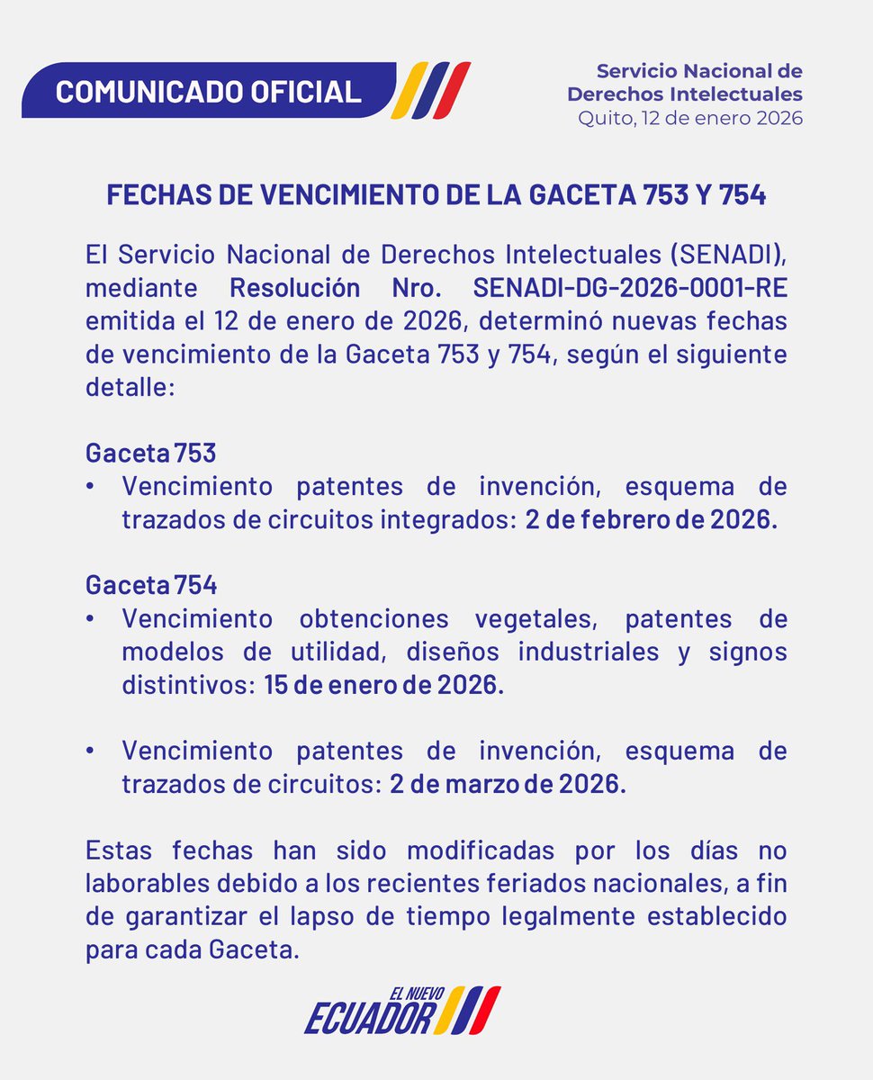 📣 #Comunicado | SENADI actualiza las fechas de vencimiento de la Gaceta 753 y 754. 📄

Revisa la resolución aquí ⤵️

derechosintelectuales.gob.ec/wp-content/upl…