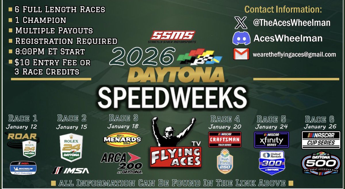 🏁<a href="/Strictly_Stock/">Strictly Stock Motor Sports</a> Daytona Speedweeks🏁

It all begins tonight!

SSMS’s Daytona Speedweeks kicks off with The Roar Before the 2.4 tonight at 8:00PM ET with a 1 Hour event in the LMP3, GT4, and TCR classes.

Registered Drivers have been sent the Race Day information.