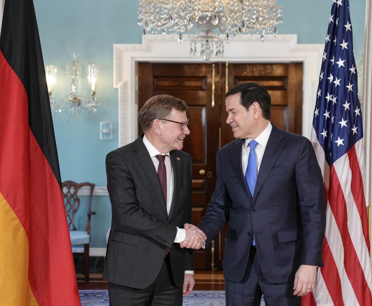 SecRubio's tweet image. In my meeting with Foreign Minister Wadephul, we underscored the importance of the U.S.-Germany partnership across many shared global challenges. Whether working to secure supply chains, countering adversary activity in Venezuela, advancing peace in Ukraine, or denying Iran a…
