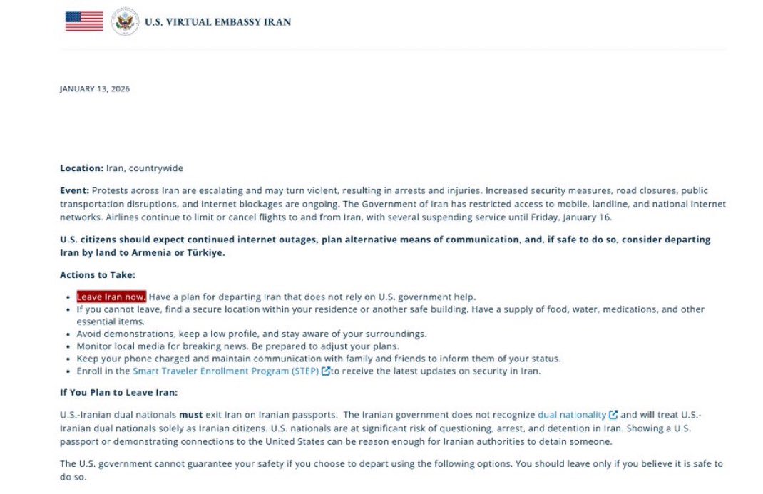 visegrad24's tweet image. BREAKING:

US Virtual Embassy in Tehran: "US citizens should leave Iran now."