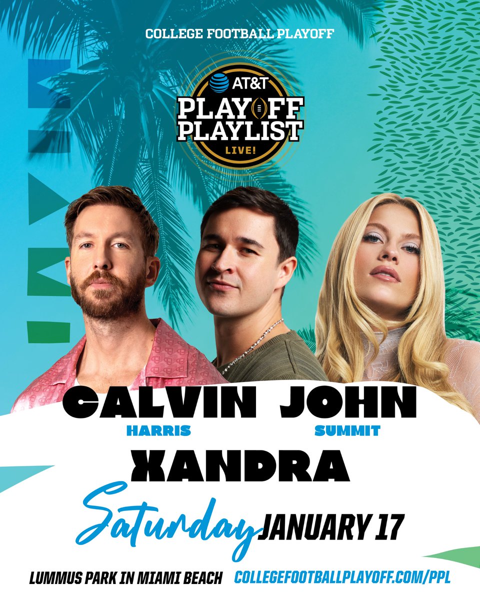You’re invited to celebrate ahead of the <a href="/CFBPlayoff/">College Football Playoff</a> National Championship with free concerts in Lummus Park!

Lineup: XANDRA, John Summit and Calvin Harris

Saturday, January 17
Gates open at 6 PM
Lummus Park
10 Street &amp; Ocean Drive

Learn more: collegefootballplayoff.com/sports/2017/11…