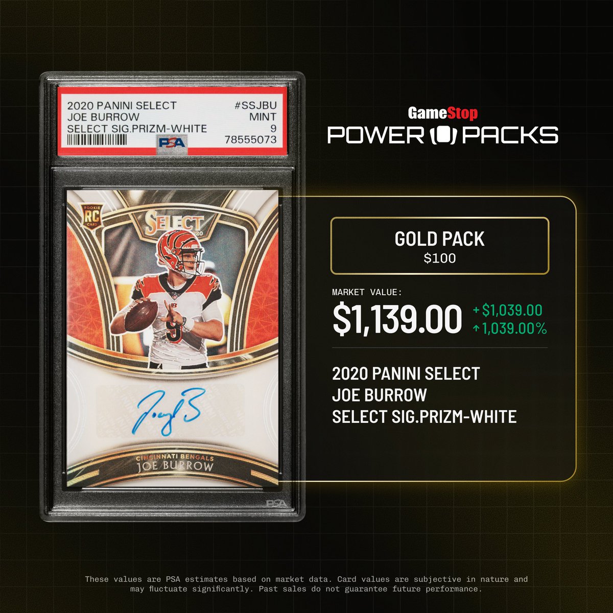 powerpacks's tweet image. Who Dey

Gold Pack. PSA 9 Joe Burrow. $1,139.