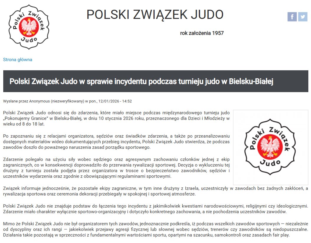 Stysz's tweet image. Komunikat PZ Judo. 
Na podstawie relacji i nagrań Związek uznaje pełną winę trenerów z Izraela, kwestionując twierdzenia Ambasady Izraela w Polsce.

RT.