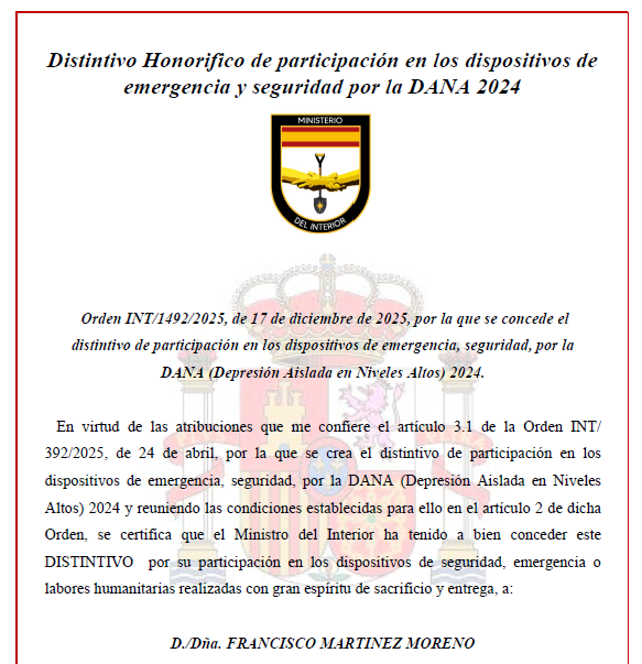 Muy agradecido por el Distintivo Honorífico del <a href="/interiorgob/">Ministerio del Interior</a> por mi participación en la #DANA2024 (Valencia), a propuesta de <a href="/PCMalaga/">Prot. Civil Málaga</a>

Es un reconocimiento colectivo a quienes estuvieron ayudando sobre el terreno. Gracias 💛

#Emergencias #ProtecciónCivil #Tech4Good
