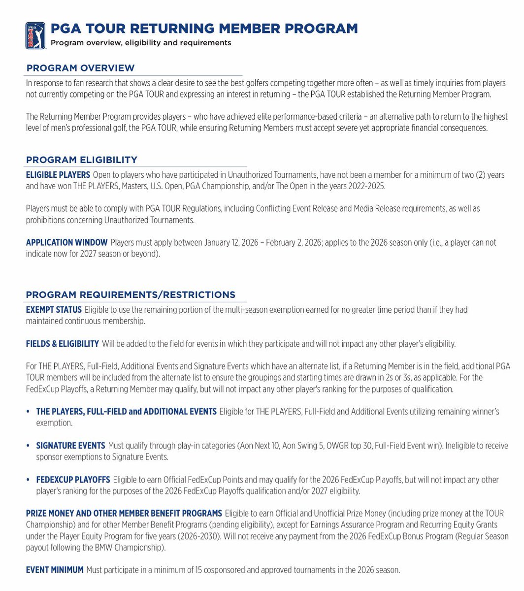 UnderdogGolf's tweet image. Brooks Koepka is able to return under the PGA Tour's new "Returning Member Program."

The criteria to return also applies to Bryson DeChambeau, Jon Rahm, and Cameron Smith. They have until February 2nd to decide.