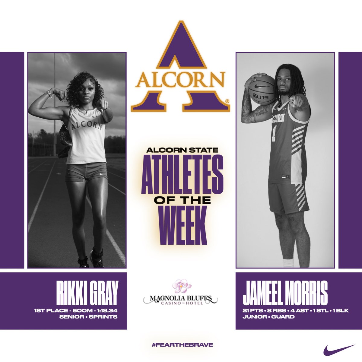 BRAVESSPORTS's tweet photo. Excellence lives at Alcorn State, and this week it belongs to Rikki Gray and Jameel Morris, named the Magnolia Bluff Casino & Resort Players of the Week!
Well-deserved recognition for two outstanding Braves!
#FearTheBrave #AlcornState #BravesNation #PlayersOfTheWeek https://t.co/nHPzK2galt