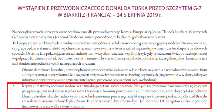 Donald Tusk jako szef RE w 2019 roku gorąco BRONIŁ porozumienia z Mercosurem i jedyne gdzie widział "problem", to problem z POŻARAMI LASÓW w Brazylii.

Dzisiaj udaje wielkiego przeciwnika Mercosuru.
Od samego początku, jako członek kliki EPP, był gorącym zwolennikiem Mercosur.