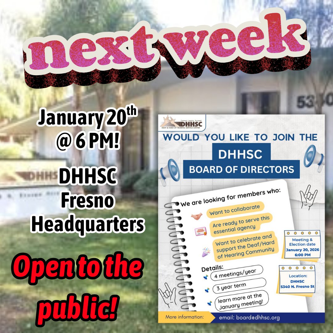 *HAPPENING NEXT WEEK!*

Flyer for details: dhhsc.org/wp-content/upl…

See you then!

#DHHSC #BoardOfDirectors #Recruit #DeafAndHardOfHearingCommunity #Meeting #Election