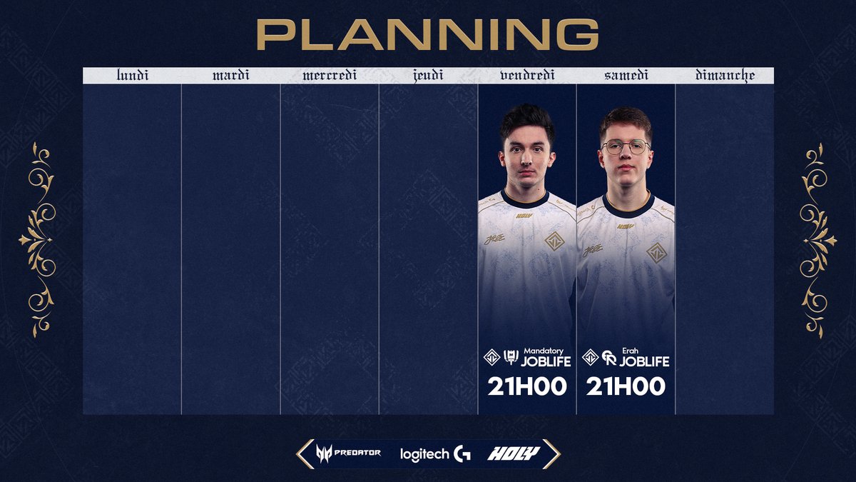 JoblifeEsport's tweet image. 📅 𝐏𝐋𝐀𝐍𝐍𝐈𝐍𝐆 📅

𝐕𝐄𝐍𝐃𝐑𝐄𝐃𝐈 𝐂'𝐄𝐒𝐓 𝐂𝐋𝐀𝐒𝐒𝐈𝐂𝐎 ⚔️

𝐕𝐞𝐫𝐬 𝟐𝟏𝐡, on renvoie @MandatoryGG à l'EHPAD 👴

Et pour finir la semaine, 𝐬𝐚𝐦𝐞𝐝𝐢 𝟐𝟏𝐡, on affronte les nouveaux de chez @ErahEsport 👶

#JOBLIFE
