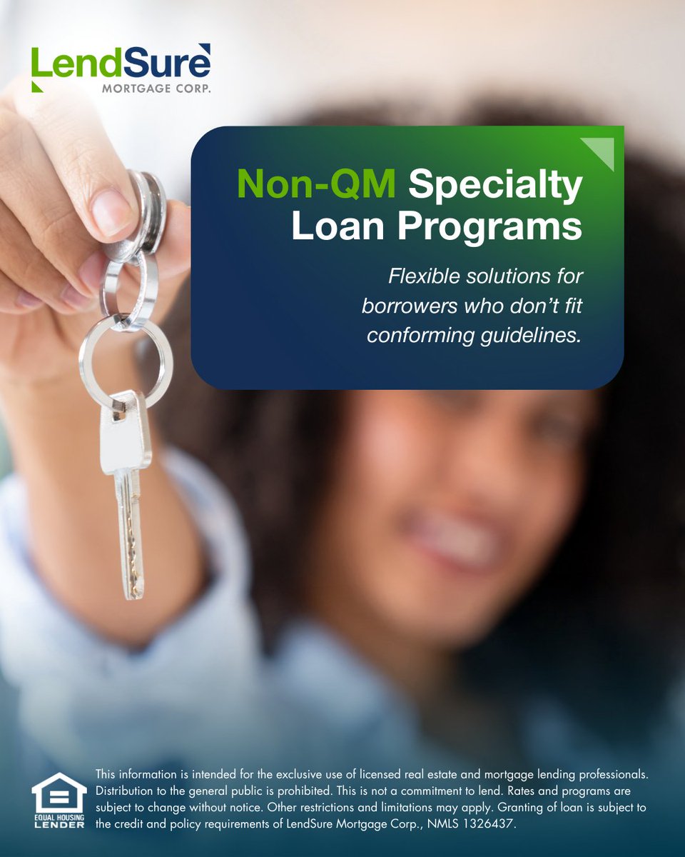 lendsure's tweet image. When borrowers fall outside conforming guidelines, you need options that keep deals moving. LendSure Non-QM Specialty Loan Programs deliver flexibility, guidance, and real-world structure clients need. 

Explore 👉 vist.ly/4mhwx

#NonQM #MortgagePros