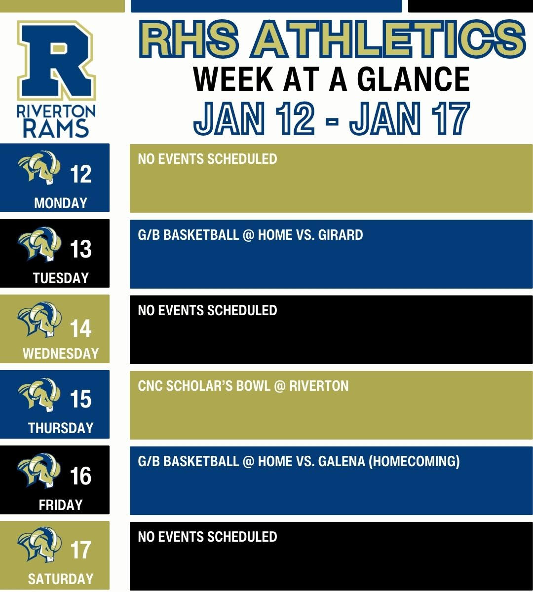 rivertonrams's tweet image. RHS Athletics Week at a Glance 1/12 - 1/17 psqr.io/ExDRBTxLRo via @ParentSquare