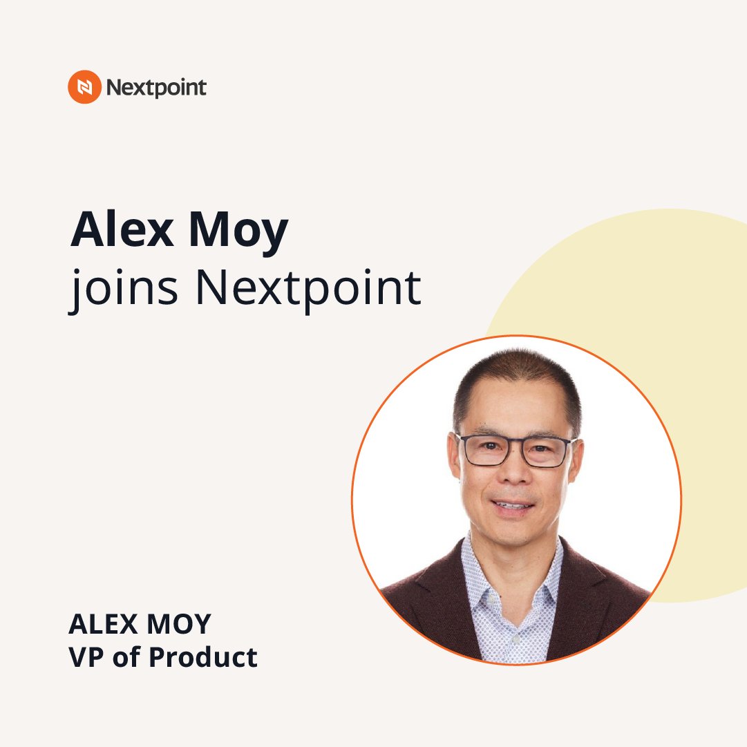 Nextpoint's tweet image. We’re excited to welcome Alex Moy as our new Vice President of Product. Learn more about Alex’s background, product philosophy, and what’s ahead for Nextpoint in our full announcement!

👉 bit.ly/3YAWdNy"