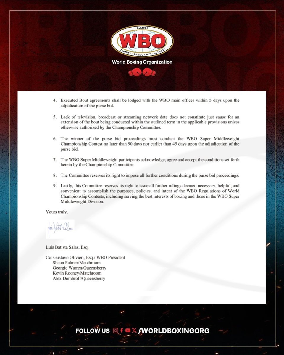 WorldBoxingOrg's tweet image. The WBO has officially ordered a purse bid for the vacant WBO Super Middleweight title. ✍️
More details related to this matter are provided here.
