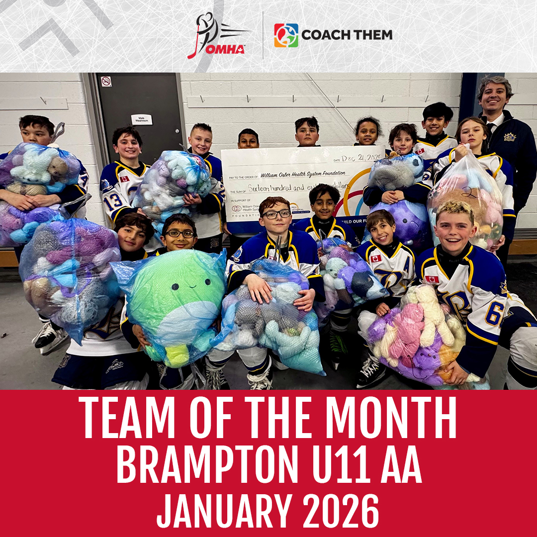 HometownHockey's tweet photo. The Brampton U11 AA team organized a Teddy Bear Toss, with all funds raised ($1618.90) donated to the Brampton William Osler NICU and all the bears (155) to Safe Centre of Peel. They are an #OMHA Team of the Month for January presented by @CoachThem! https://t.co/ERf5KjFKAp https://t.co/ayvnXwVVIG