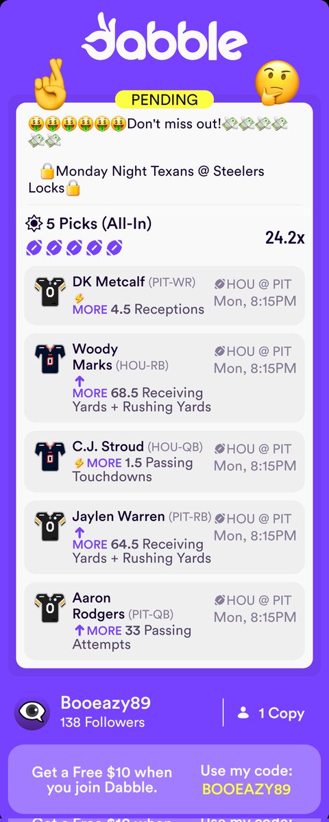 BooEasy's tweet image. Sharing is caring so here's an entry I placed on Dabble that you can copy!👌🥰💥🤞
click.dabble.com/ugiS/4donvffp
#Texans
#Steelers
#NFLPlayoffs
#MNF
#dabble
#Picks