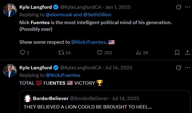kinocopter's tweet image. Just 1 year ago Kyle Langford was sending super chats to Nick Fuentes and running as a Republican in California for Governor. 

Now he's running in an open House seat as a Democrat and glad-handing with disgraced Democrat @ericswalwell