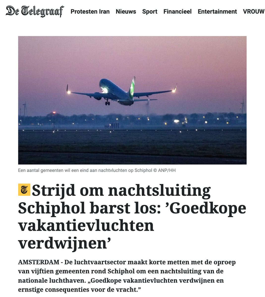 Een nachtsluiting van Schiphol schaadt de internationale en economische positie.

Stimuleer stillere vliegtuigen en een innovatieve vloot. Verbieden, zoals D66 het wil, is schadelijk. 

De <a href="/VVD/">VVD</a> moet hier niet aan meewerken.