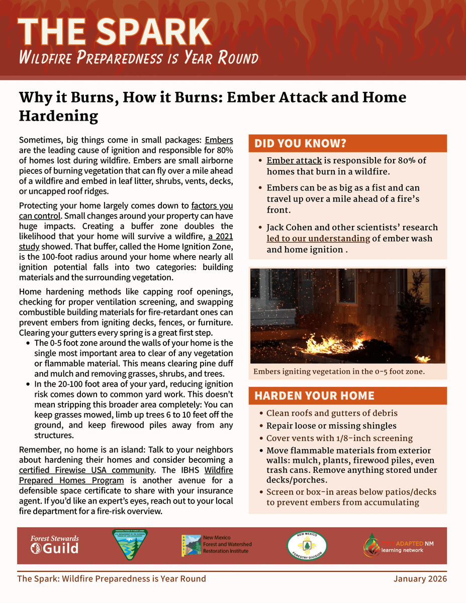 Sometimes, big things come in small packages: Embers are responsible for 80% of homes burning in a wildfire.
Good news: Protecting your homes is largely in your control. Check out this month's The Spark for small steps with a huge impact. 
Thx <a href="/forestguild/">ForestStewardsGuild</a> <a href="/NMFWRI/">NM Forest and Watershed Restoration Institute</a> <a href="/BLMNewMexico/">Bureau of Land Management New Mexico</a>!