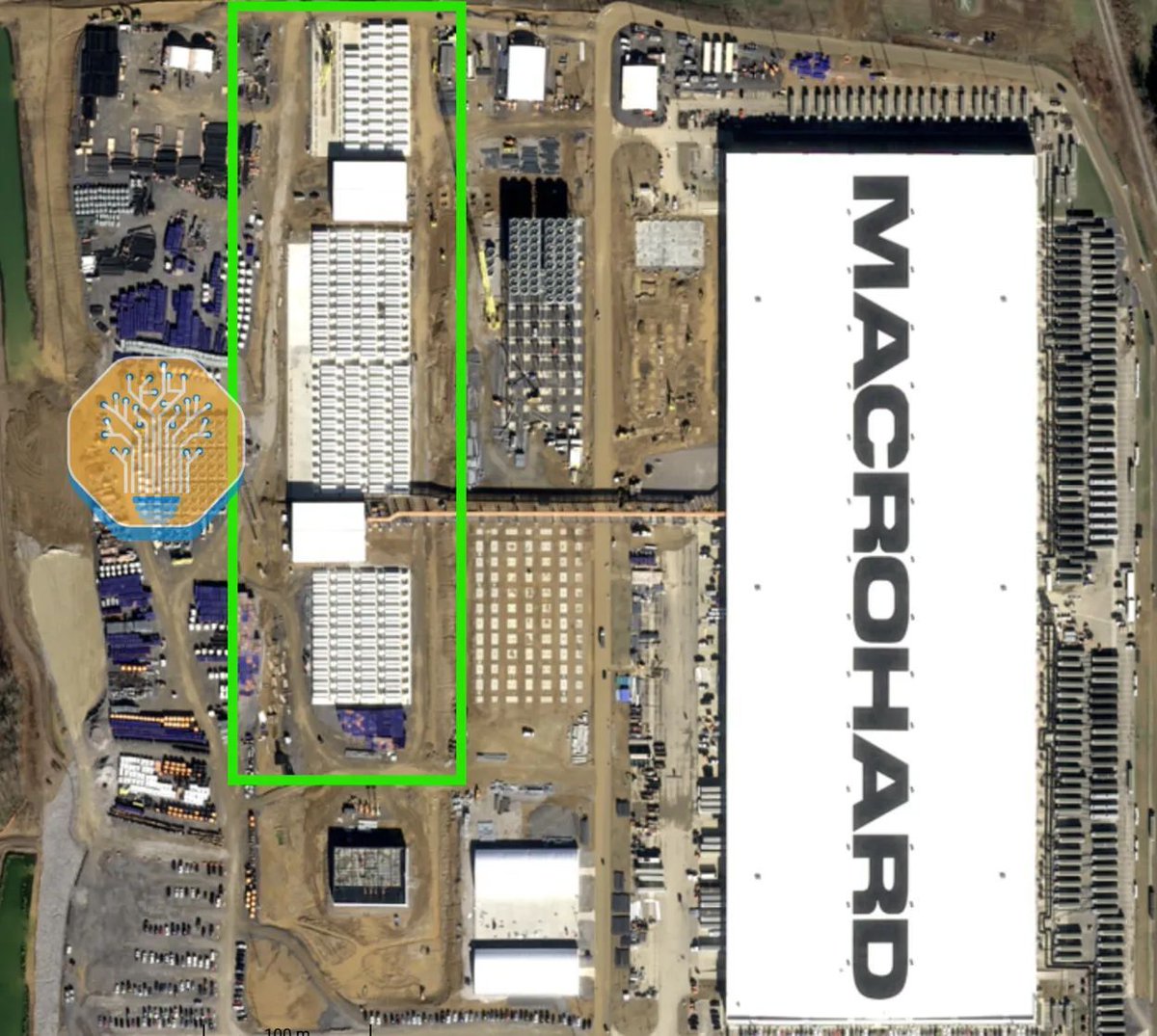SemiAnalysis_'s tweet image. Our satellite photo reveals that at @elonmusk 's MACROHARD AI datacenter, xAI will be using Tesla’s Megapacks for backup and handling load fluctuations. Furthermore, we see that MACROHARD site continues to operate roughly 130 air-cooled chillers, equivalent to about 200 MW of…
