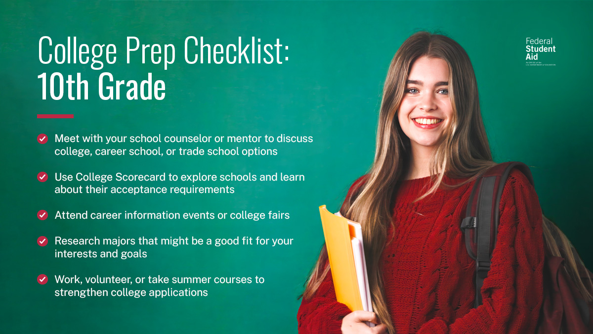 FAFSA's tweet image. 👋 Hey, high school sophomores. Who said it’s too early to start thinking about college? Consider these tips.