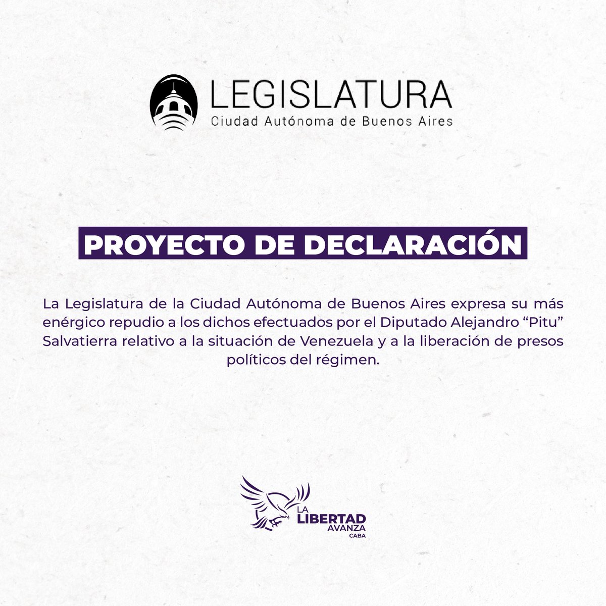 LLA_CABA's tweet image. Desde nuestro bloque repudiamos los dichos del legislador kirchnerista Pitu Salvatierra. Banalizar la situación de los presos políticos en Venezuela mientras hay argentinos detenidos ilegalmente es inaceptable. La función pública exige seriedad.

Con la LIBERTAD no se jode.