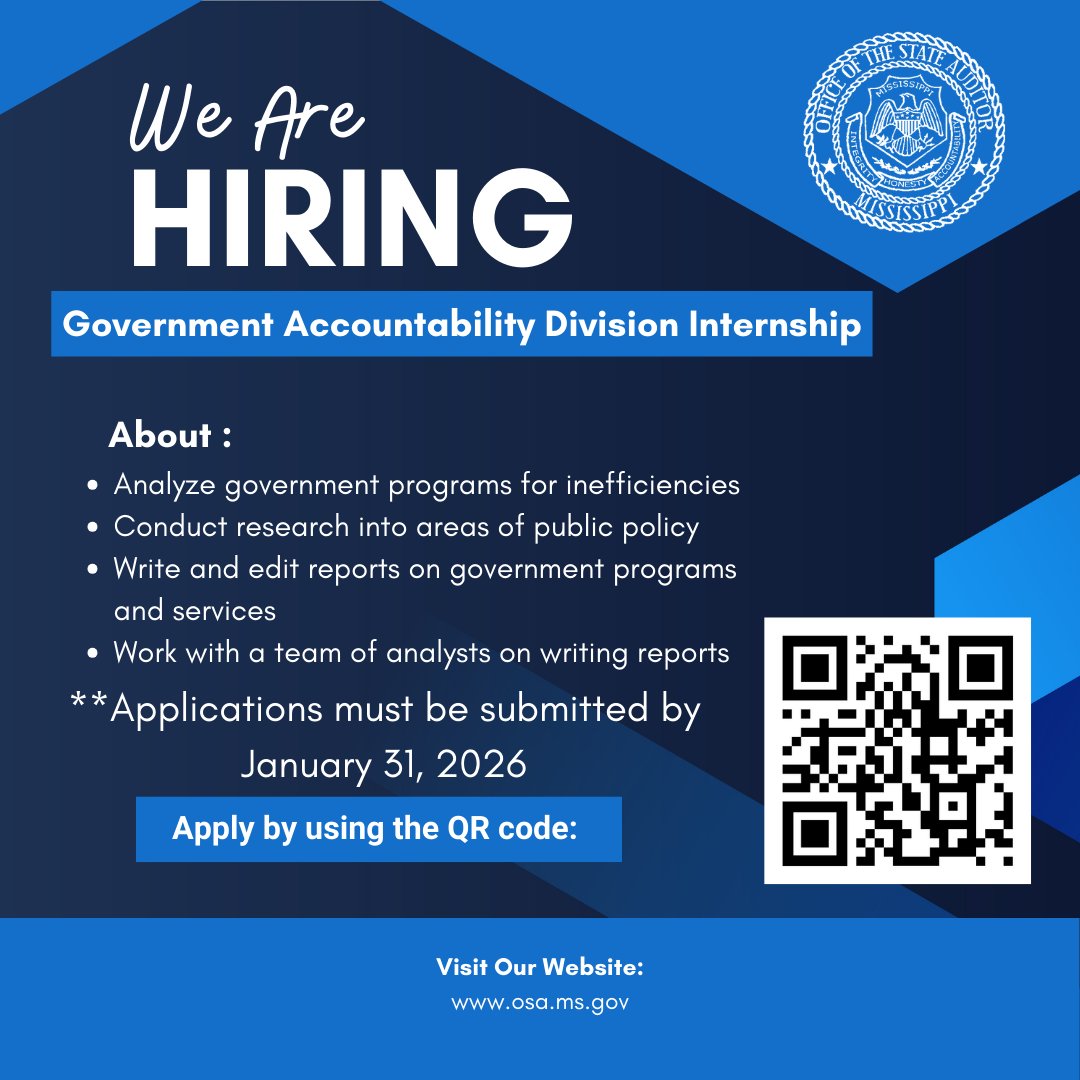 MSStateAuditor's tweet image. OSA is seeking Interns in our Government Accountability Division in Jackson. Applicants will work with our team of analysts to write reports on government programs and identify solutions to make them more efficient.

All applications must be submitted by January 31st to be…