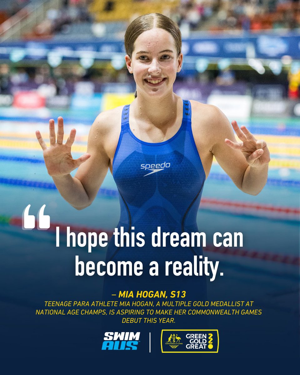 SwimmingAUS's tweet image. Para teenage athlete Mia Hogan is aspiring to make her Dolphins debut at Glasgow 2026 Commonwealth Games 🙌

🗣 “I hope this dream can become a reality and support from the Commonwealth Games will help me chase this dream.”

#Green2Gold2Great | @CommGamesAUS