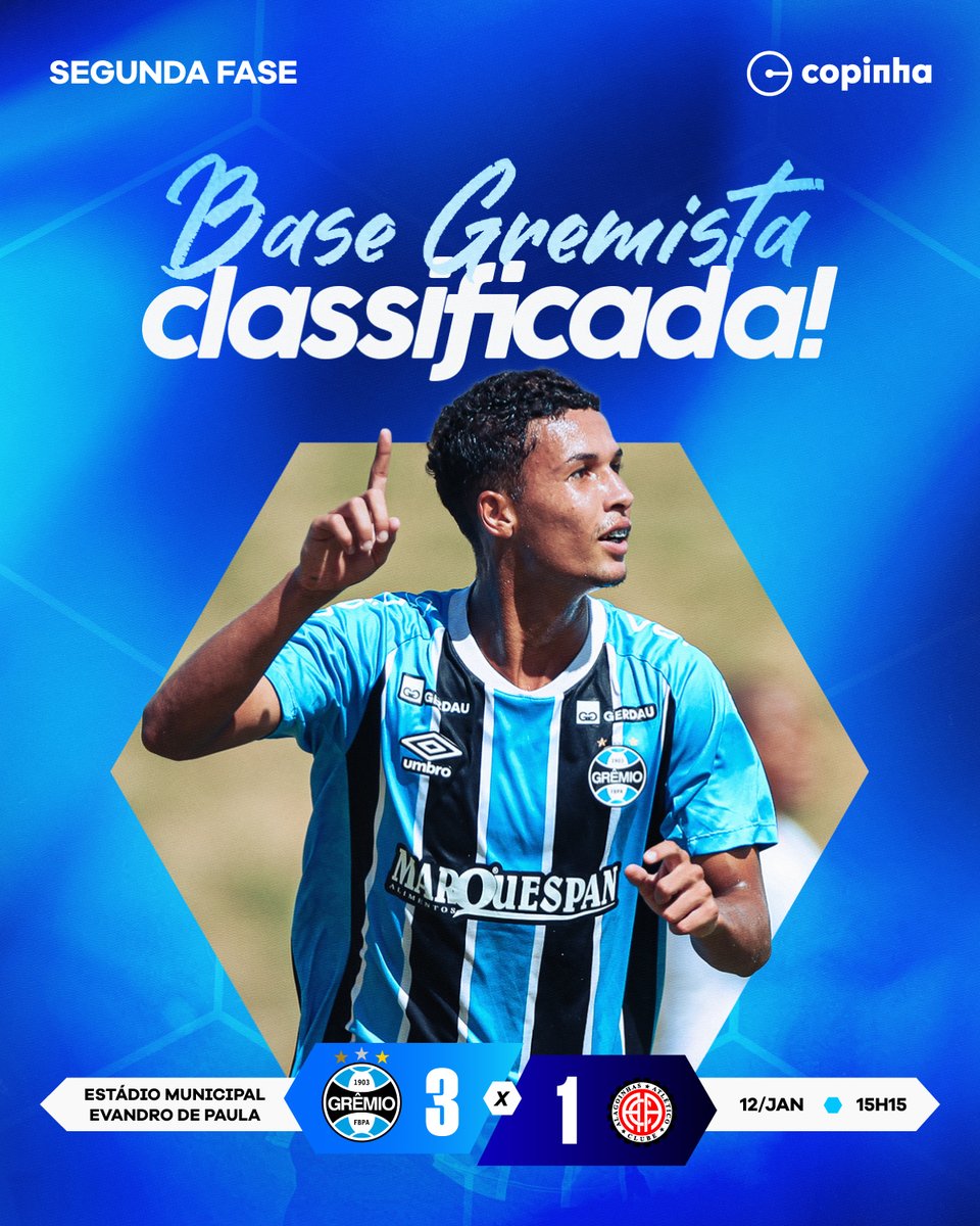 Gremio's tweet image. CLASSIFICADOS! 🇪🇪 #Grêmio 3x1 Atlético-BA 
A #BaseGremista segue avançando na #Copinha2026! Hoje, carimbamos a vaga para a terceira fase da competição. Os gols do Tricolor foram marcados por Fellipe Magalhães, Harlley e Iago Valeije. VAMOS, GURIZADA! 💪🏽