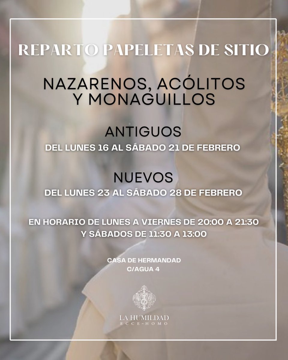 📣 #PAPELETASDESITIO |

Con la mirada puesta en el Domingo de Ramos, un año más iniciamos el reparto de papeletas de sitio para la Estación de Penitencia.

📍TRONOS  
• Antiguos: 26–31 enero  
• Nuevos: 2–7 febrero  

📍NAZARENOS, ACÓLITOS Y MONAGUILLOS  
• Antiguos: 16–21