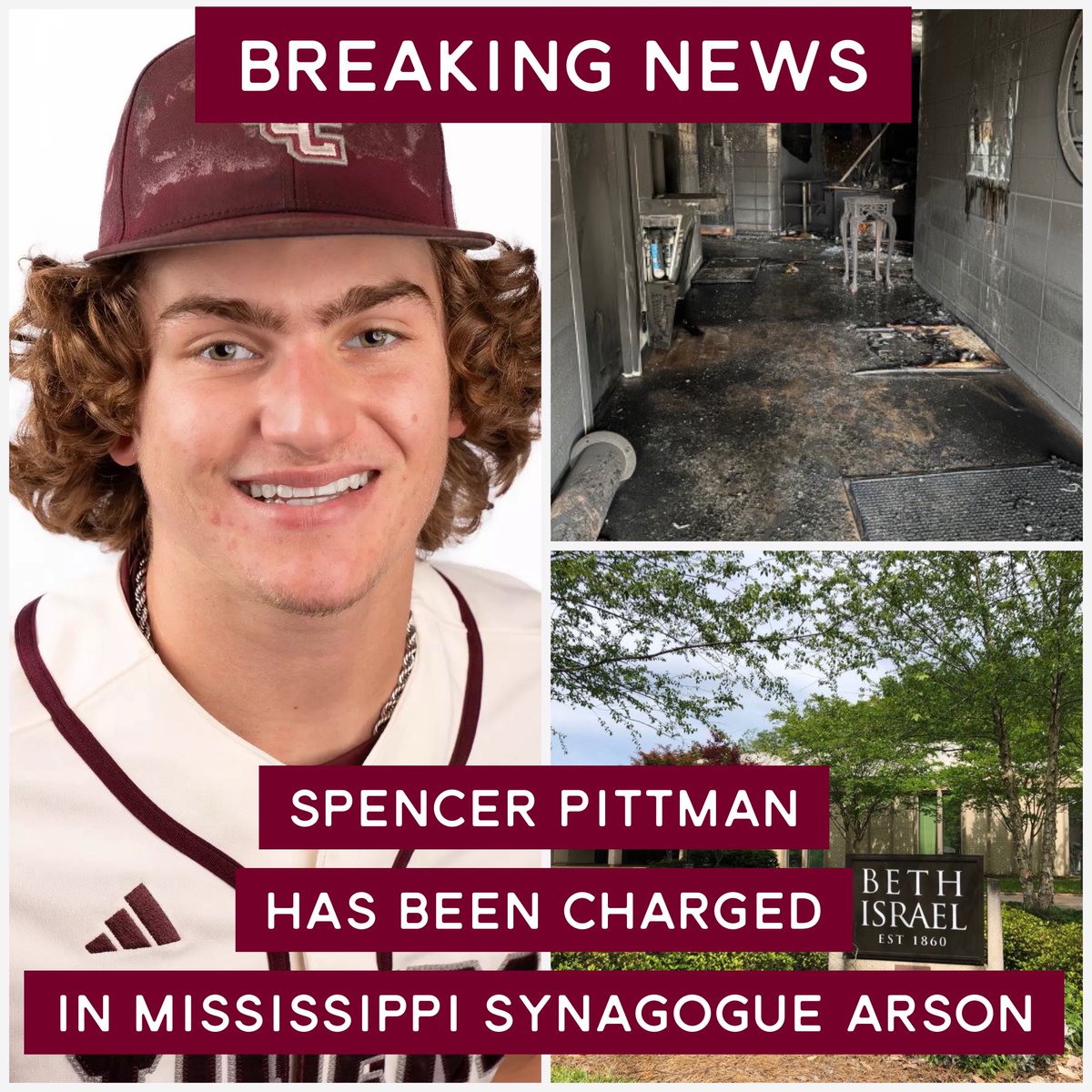 samanthaettus's tweet image. BREAKING NEWS: 19-year-old Spencer Pittman, a baseball player at Coahoma Community College, was charged with setting the fire that destroyed Beth Israel, Mississippi's largest synagogue, on Saturday. In his confession, he allegedly told investigators he viewed the synagogue as a…