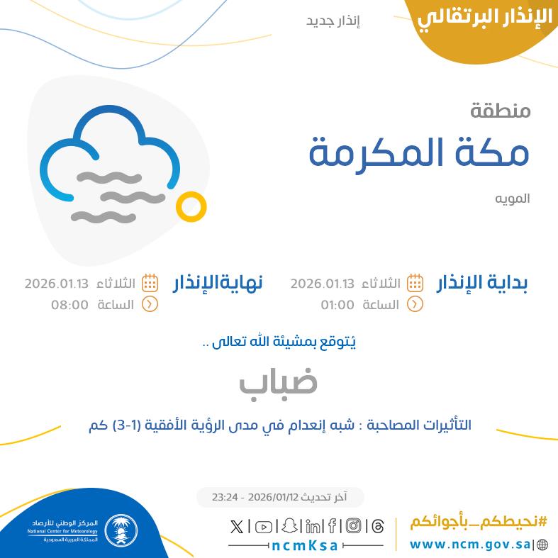 الإنذار البرتقالي - #منطقة_مكة_المكرمة - #المويه  

للتفاصيل  ncm.gov.sa/ar/alert/pages… 

#الإنذار_المبكر #طقس_السعودية
#المركز_الوطني_للأرصاد