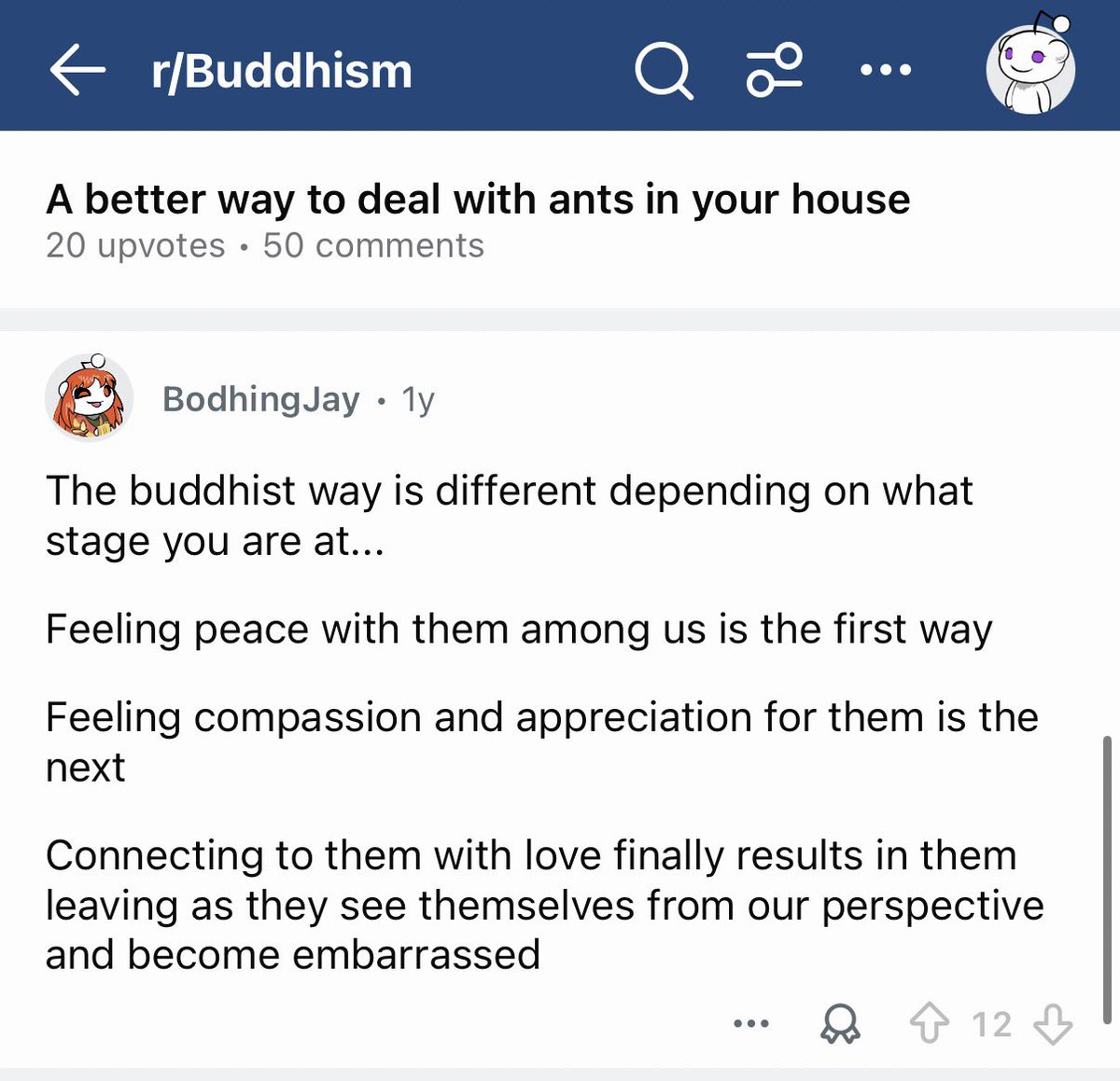 suboxoneshawty's tweet image. was looking up natural diy ant repellent and i came across this post on r/Buddhism and this comment is so precious to me