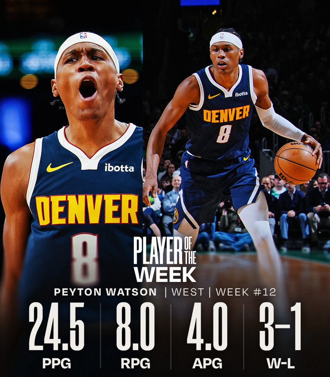 NBA's tweet image. NBA Players of the Week for Week 12.

West: Peyton Watson (@nuggets)
East: Scottie Barnes (@Raptors)