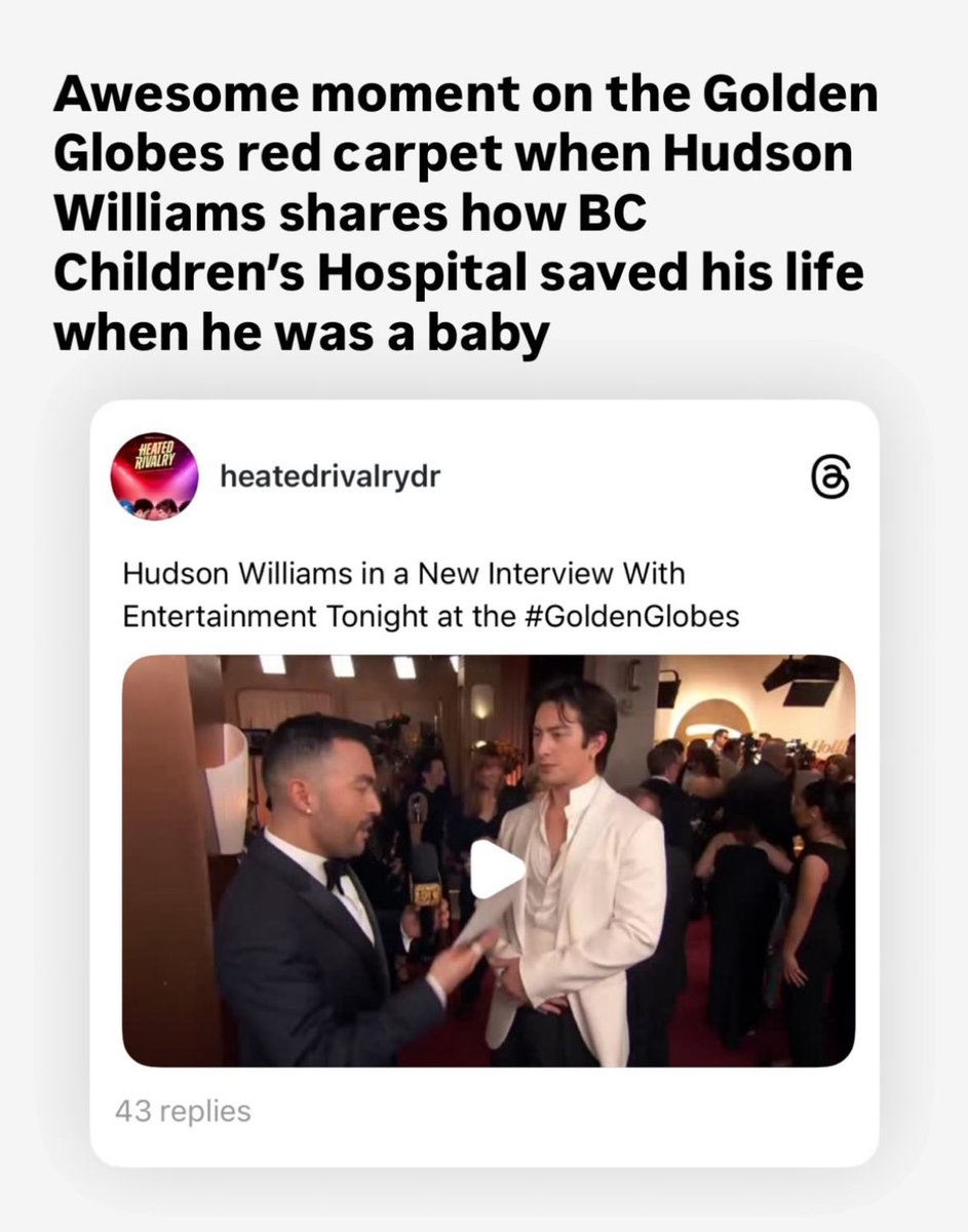 hudsonwupdates's tweet image. BC Children’s Hospital Foundation shared the moment where Hudson Williams chose their charity to receive a $1,000 donation during his @etnow interview (via Instagram Stories) #GoldenGlobes