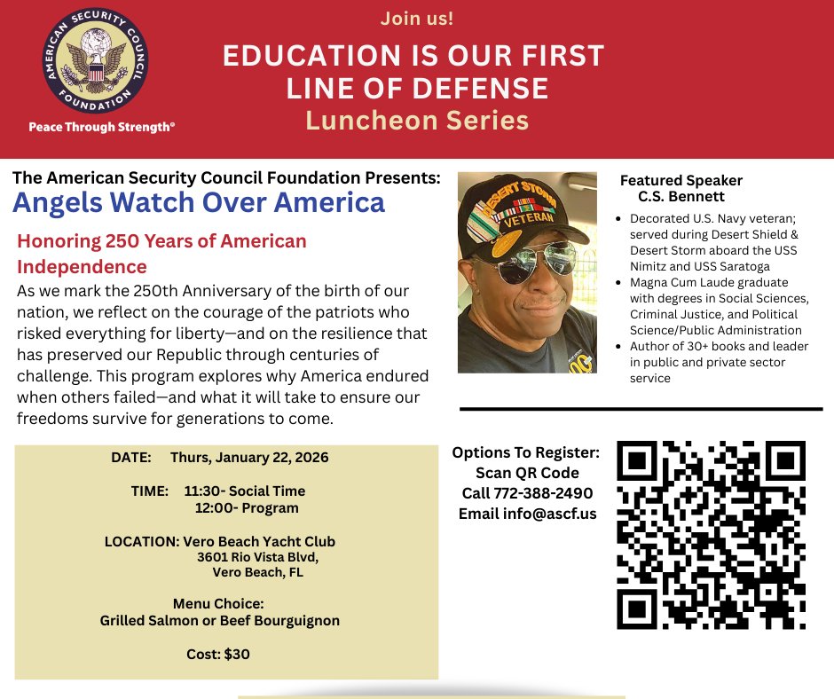 ascfus's tweet image. As America approaches its 250th Anniversary, we are reminded that freedom is never guaranteed—it must be understood, defended, and passed on.

Join ASCF for upcoming luncheon, “Angels Watch Over America,” featuring U.S. Navy veteran and author C.S. Bennett. Together, we’ll…