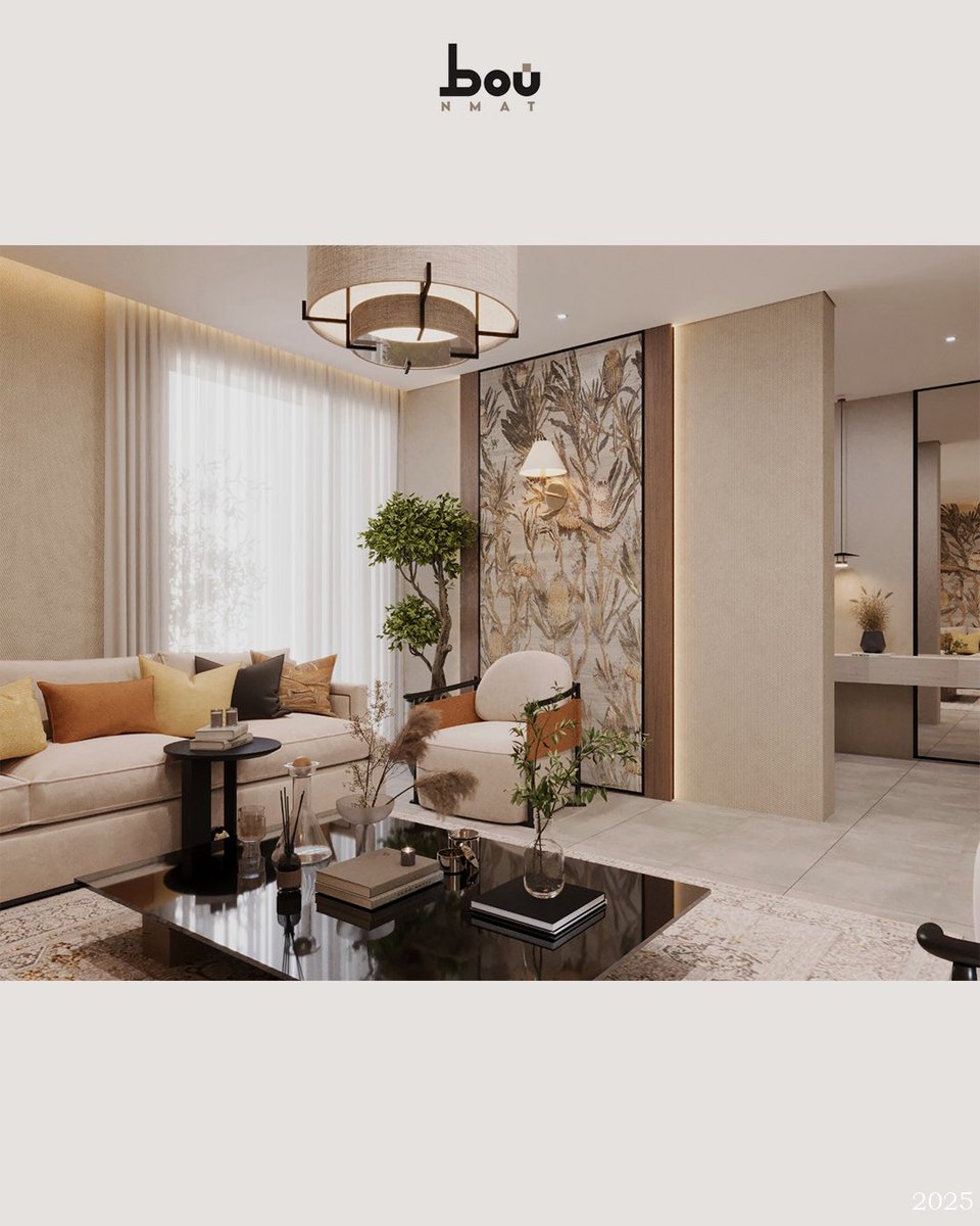 في هذا المجلس، اعتمدنا في نمط على تصميم يعكس الهدوء والرقي مع إحساس واضح بالدفء والراحة.
الألوان الترابية الناعمة تندمج بتناغم مع درجات البيج والعاجي لتخلق مساحة مريحة بصريًا ومثالية،

تم اختيار الأثاث بخطوط ناعمة ومتوازنة، مع توزيع مدروس يعزز من سلاسة الحركة داخل الفراغ دون