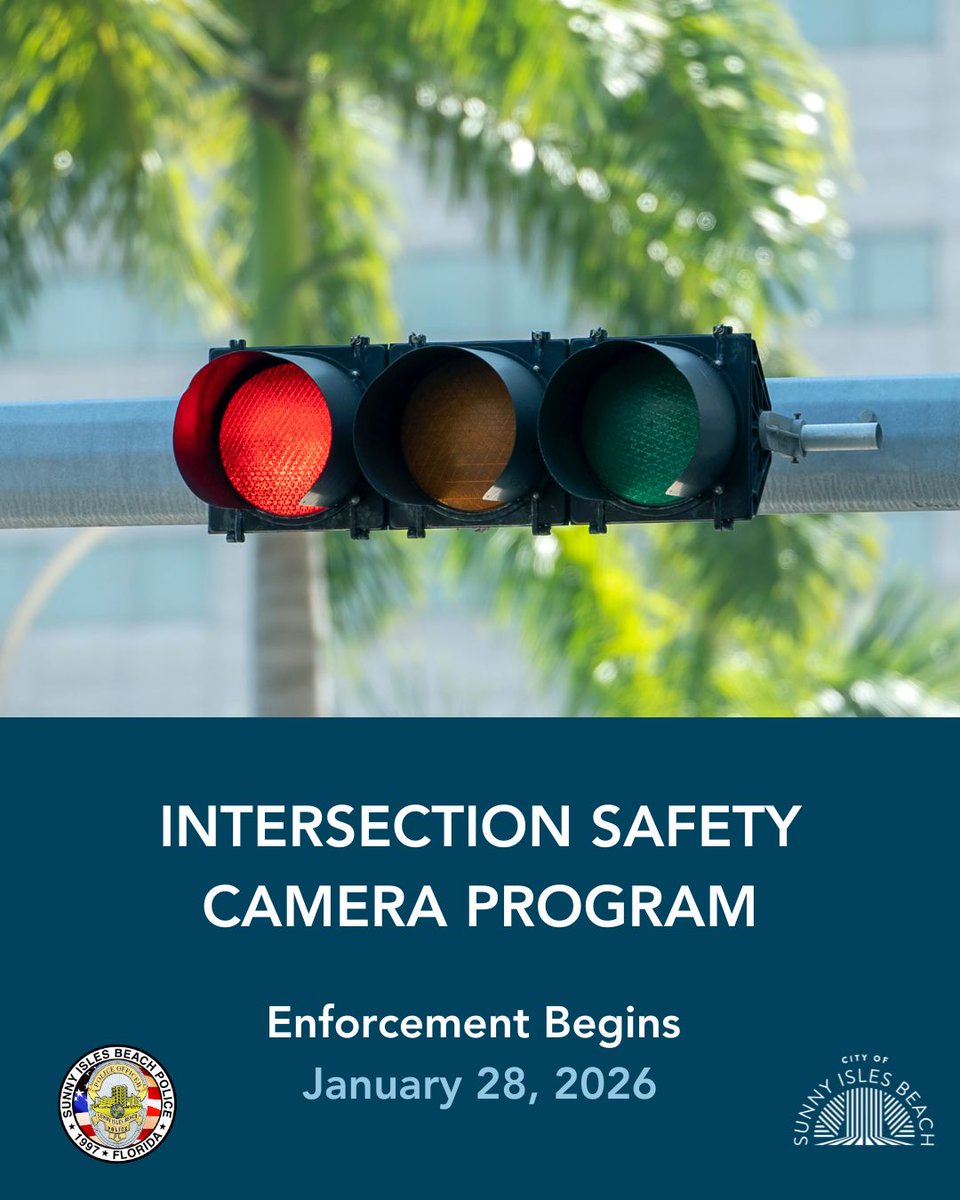 SIBPD's tweet image. A warning period for red light camera enforcement will go into effect tomorrow, Jan. 13, at 174 Street &amp;amp; Collins Avenue (NB and SB lanes).
From Jan. 13 - 27, drivers who run a red light at this location will receive a warning notice. Payable enforcement will begin on Jan. 28.
