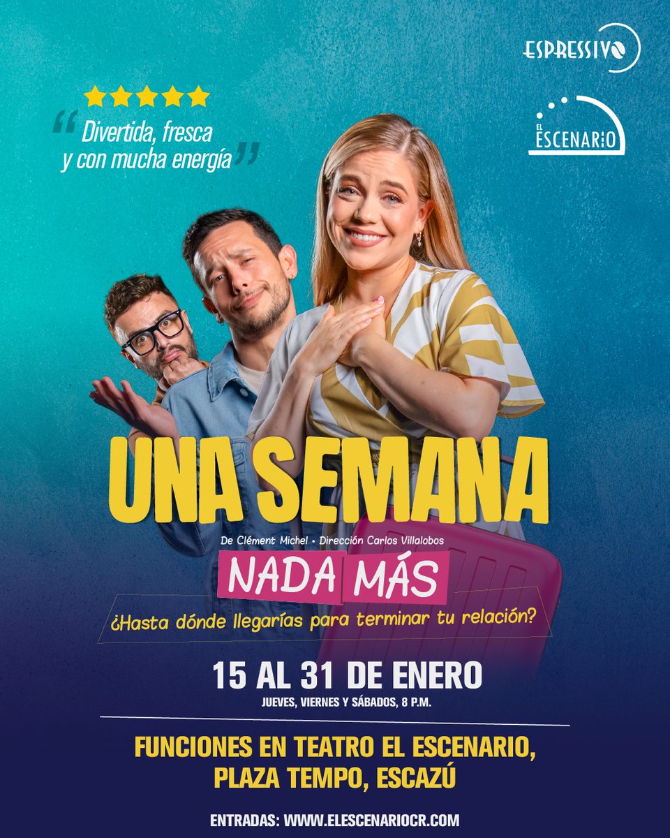 espressivocr's tweet photo. ¡El amor, la amistad y la convivencia nunca fueron tan desastrosamente divertidos! 😂🏡

“Una semana nada más” vuelve con toda su frescura y humor inteligente, ahora en Teatro El Escenario, Plaza Tempo Escazú.

📅 Del 15 al 31 de enero 
🎟️ https://t.co/yyS2Hmn5hQ https://t.co/MhqIJgop0c