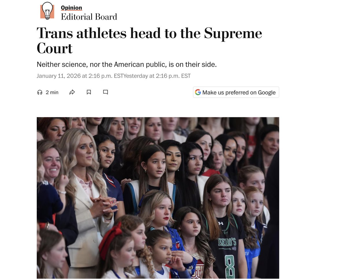 jonkay's tweet photo. Wow, the @washingtonpost editorial board:
"The Supreme Court has the chance this week to save women’s sports, allowing states to restore a level playing field for girls by excluding biological men."
https://t.co/WpnXpEpDps https://t.co/UopP9DBTx2