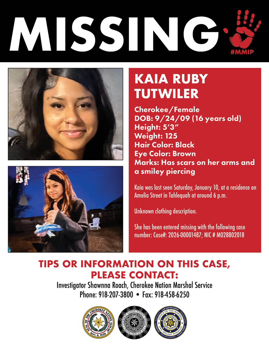CherokeeNation's tweet image. 🚨🚨MISSING🚨🚨

Please help us locate 16-year-old Kaia Ruby Tutwiler!
Anyone with information is asked to call the Cherokee Nation Marshal Service at 918-207-3800. 

#MMIP #RedAlert