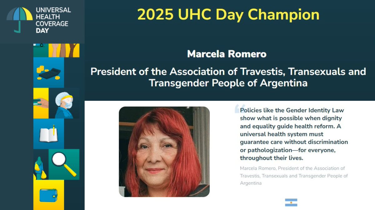 🏳️‍⚧️📢<a href="/marcela__romero/">Marcela Romero</a> nuestra presidenta y coordinadora regional de la <a href="/redlactrans/">REDLACTRANS</a>, ha sido seleccionada como UHC Day Champion 2025 por <a href="/UHC2030/">UHC2030</a> que reconoce el trabajo de personas que impulsan avances concretos en materia de cobertura sanitaria universal.
universalhealthcoverageday.org/uhc-champions/…