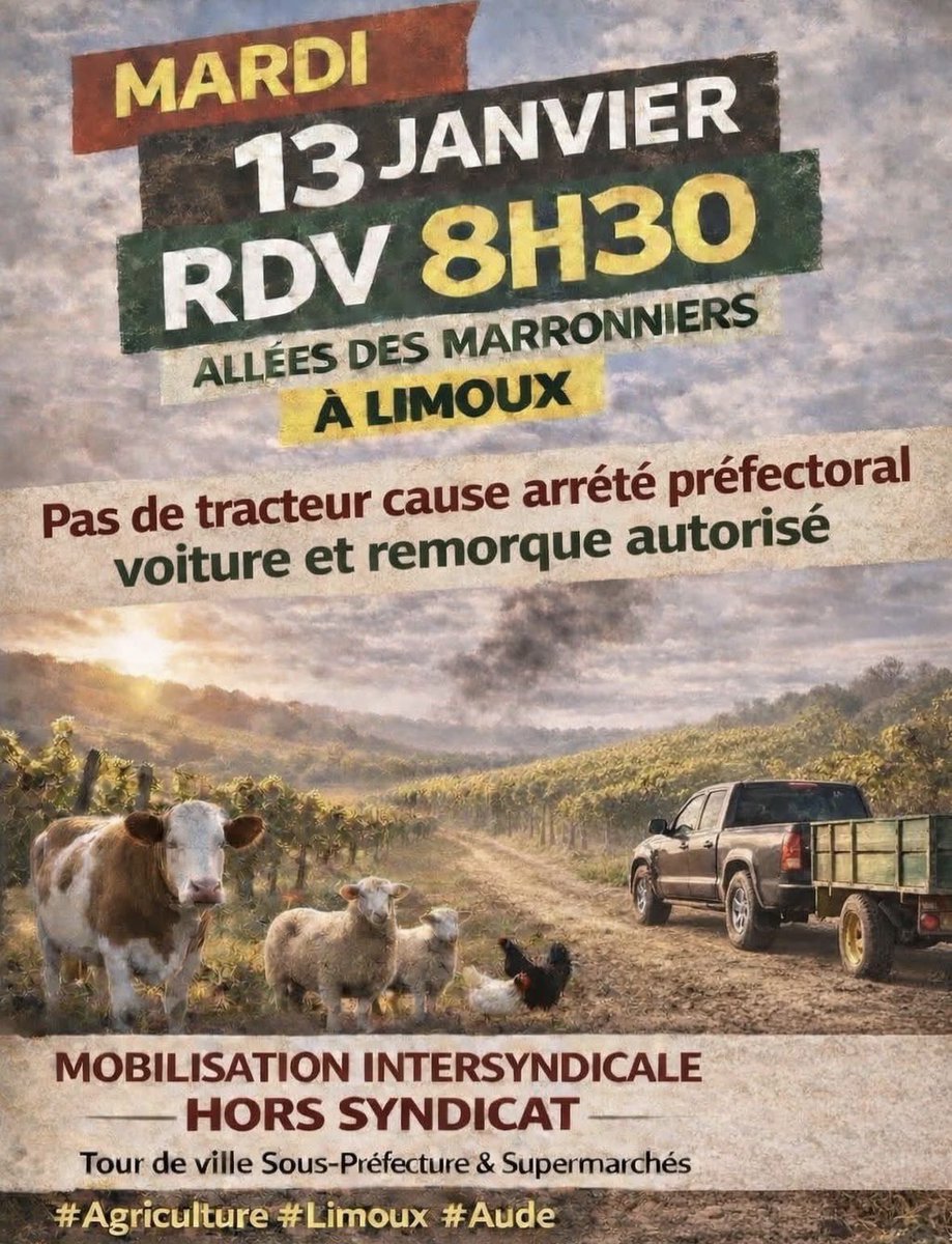 ResistPaysans's tweet photo. 🚜 L’AUDE SE REMOBILISE !

Les paysans audois se mobiliseront demain en intersyndicale à Limoux. https://t.co/O8Kce87FQF