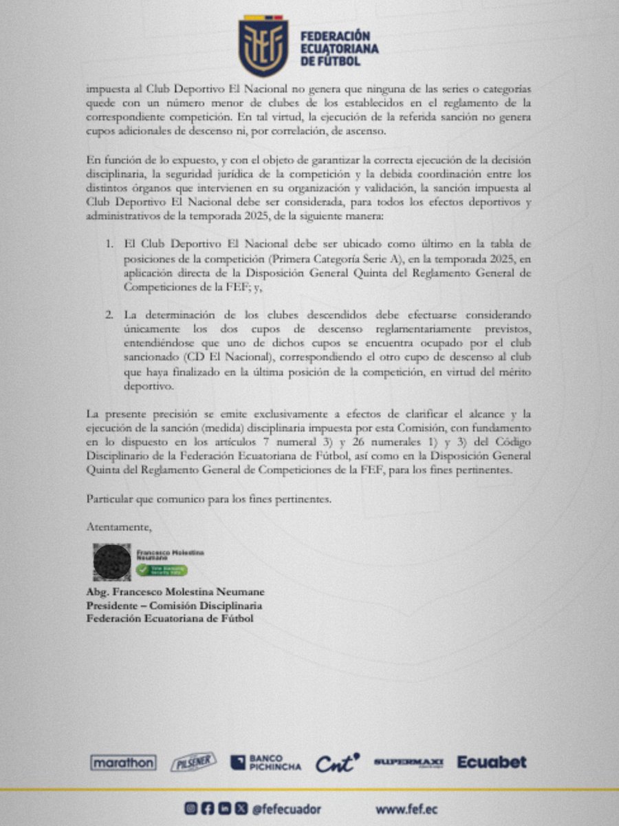 MrOFFSIDER's tweet image. | AHORA | La FEF confirma oficialmente el descenso de El Nacional y que Técnico Universitario permanece en la máxima categoría. Los criollos caen a Serie B como últimos de la clasificación, mientras que el Rodillo oficialmente se ha salvado.