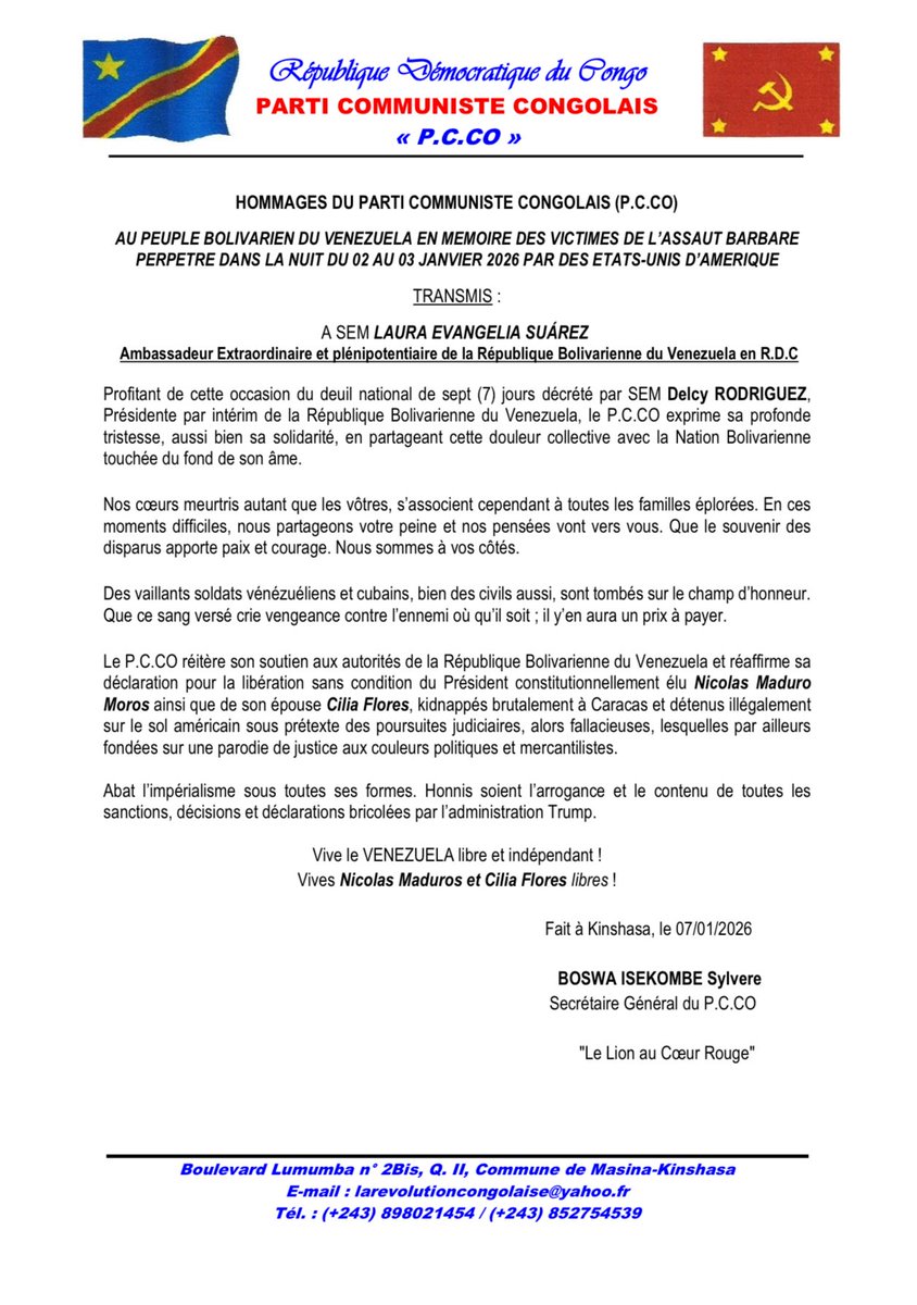 Partido Comunista Congoleño de RD Congo acompaña al Pueblo y Gobierno venezolanos en el duelo nacional, reitera apoyo a autoridades venezolanas y exige liberación incondicional del Pdte. Nicolás Maduro y la 1ª Dama Cilia Flores.
<a href="/yvangil/">Yvan Gil</a>
#LosQueremosDeVuelta
#VenezuelaNoSeRinde